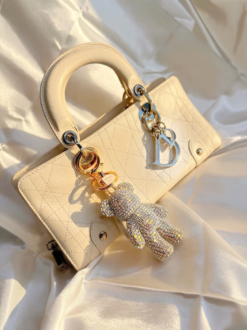 Dior white Quilted Top-Handle Bag with Crystal Teddy Charm